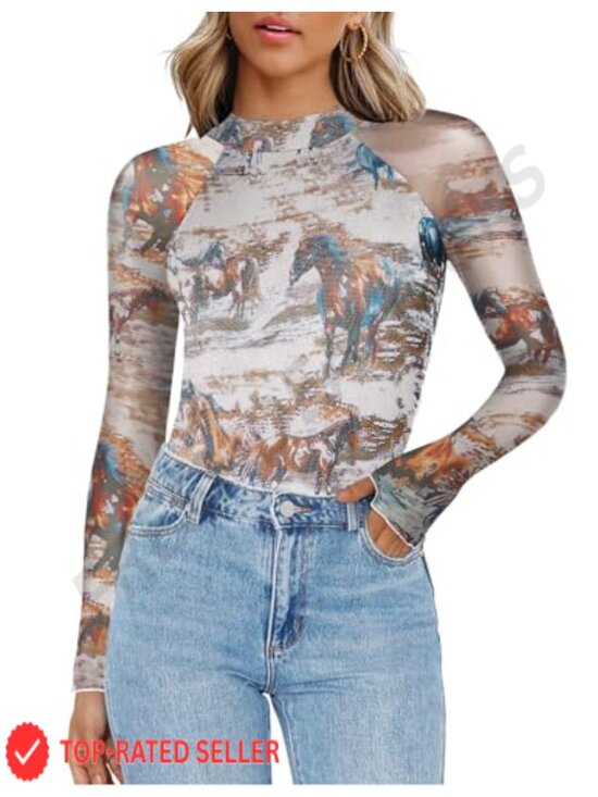 Tops - Women's Long Sleeve Floral Mesh Sheer Top Mock Neck Double Lined Fitted Blouse